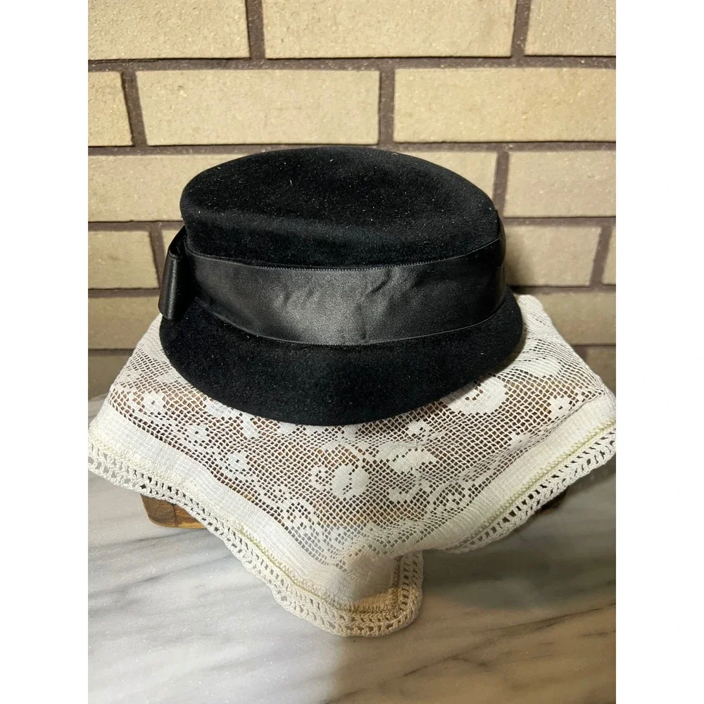 Vintage Sigma Black Wool Felt Pillbox Hat Satin Ribbon Bow Made in France